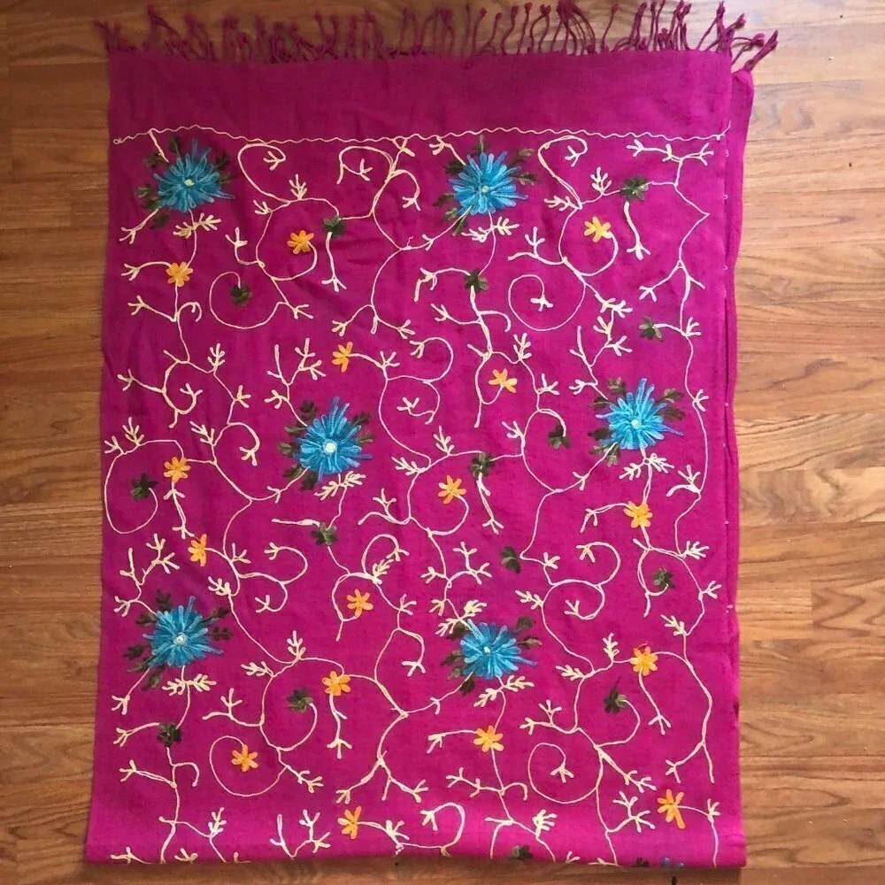 Floral Fuchsia Pink Crewel Embroidered Wool Fringed Shawl Wrap Scarf 90